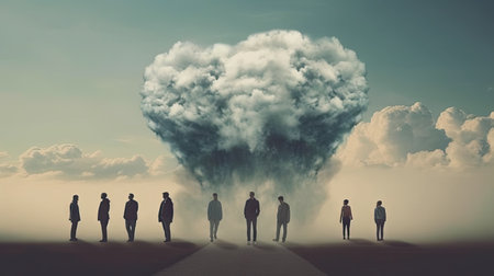 Conceptual image with group of people standing in front of huge cloud explosionの素材