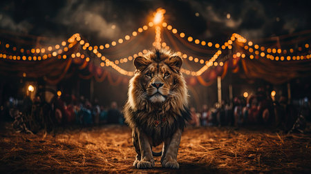 Lion in front of a circus with lights on the background.の素材