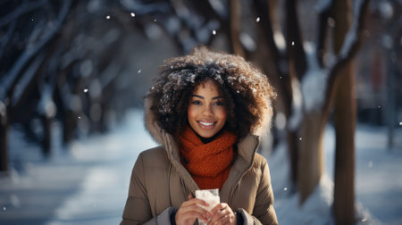 Beautiful african american woman in winter park. Snowfall.の素材