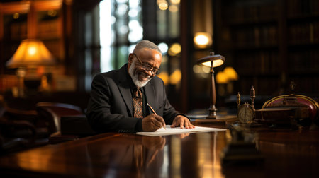 Lawyer working at his desk in his office. He is wearing a suit and glasses.の素材