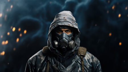 Man in gas mask and hood on dark background with fire and smokeの素材