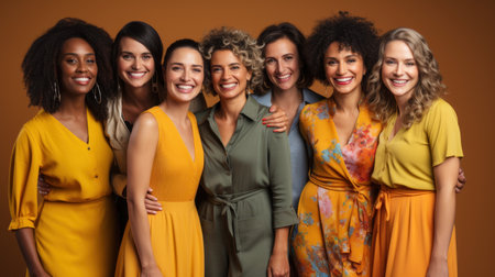 Portrait of a group of smiling women standing together against brown backgroundの素材