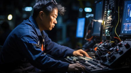 Engineer working on the control panel of a computer in the factoryの素材