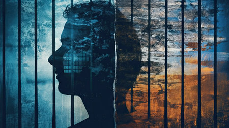 Double exposure of human head silhouette and prison bars. Mental health concept.の素材