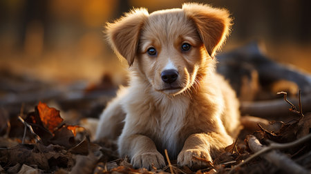 Cute puppy in the autumn park. Golden Retriever.の素材