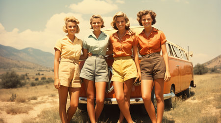 Group of happy young women standing in front of retro car on country roadの素材