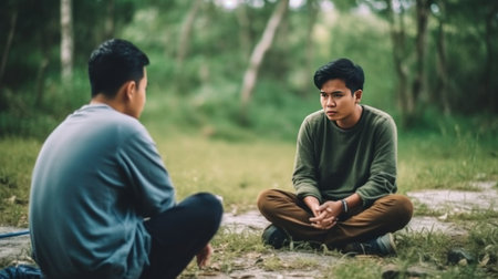 Two young men sitting on the ground in the forest and talking.の素材