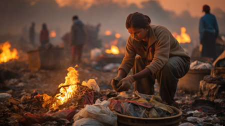 Unidentified indian poor man cooking food on the fire.の素材