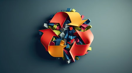 3d rendering of an abstract sphere made of colorful arrows on a dark backgroundの素材