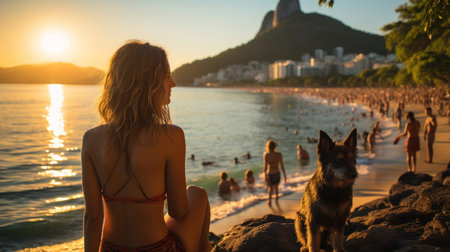 Beautiful woman in bikini on the beach with her dog at sunsetの素材