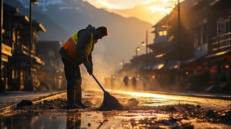 Worker cleans the sidewalk with a shovel in the city at sunsetの素材