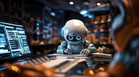 Robot working on a computer. 3d rendering. Robot in the office.の素材