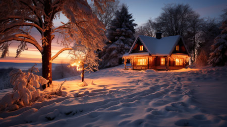 Winter evening in the village. Beautiful winter landscape with wooden house.の素材