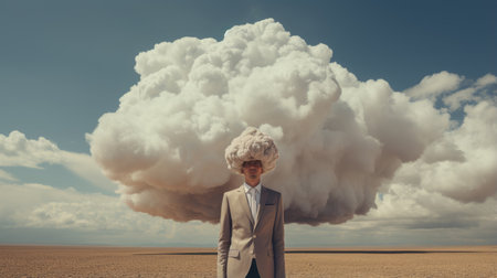 Young businessman with huge cloud on his head standing in the middle of the desertの素材