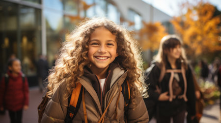 Portrait of a smiling little girl with curly hair in autumn parkの素材