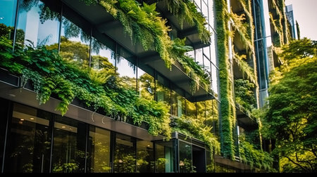 Modern office building exterior with green plants in the glass wall. Business concept.の素材