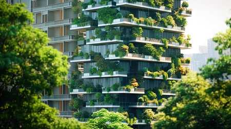 Modern apartment building on the background of greenery in the city.の素材