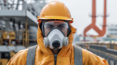 Portrait of a male worker wearing a gas mask in a portの素材