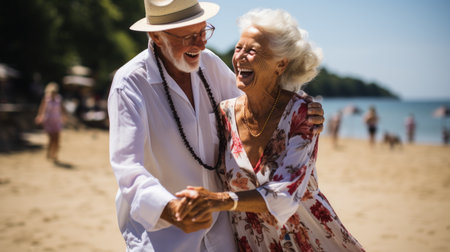 Senior couple dancing on the beach in the summer on a sunny dayの素材