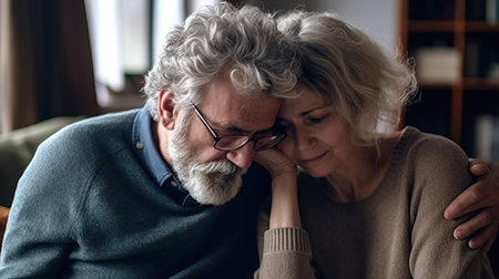 Sad senior couple sitting on sofa in living room and looking at each otherの素材