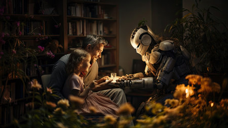 Grandmother and grandson playing computer games in the living room at nightの素材