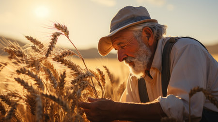 Senior farmer standing in wheat field and examining ripening ears of wheatの素材