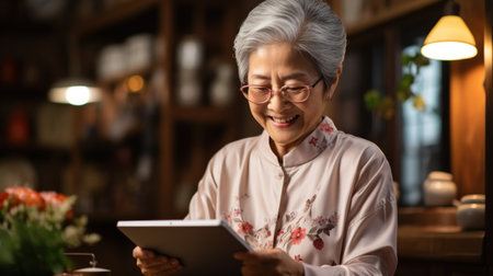 Senior asian woman using digital tablet in coffee shop, vintage toneの素材