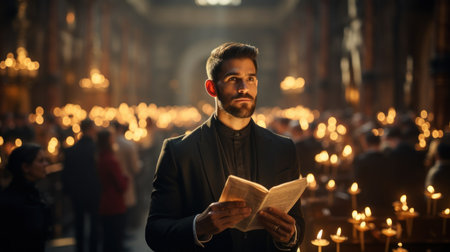 Young man reading a bible in a catholic church lit by candlesの素材