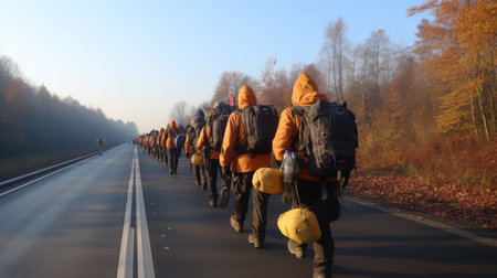 Group of people walking on the highway in the autumn forest. Rear view.の素材