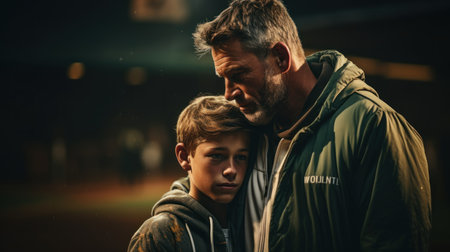 Father and son looking at each other in the city at night.の素材