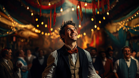 Portrait of a young man with curly hair, wearing a suit and bow tie, standing in a pub.の素材