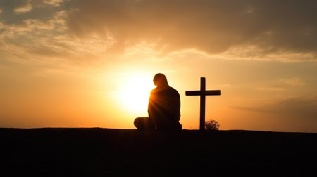Silhouette of a man praying in front of a cross at sunsetの素材