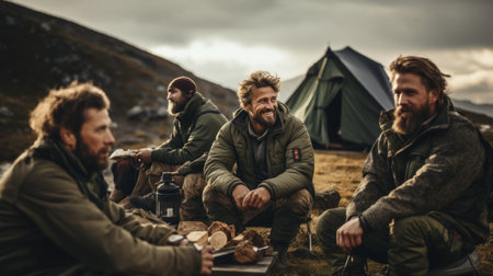 Group of friends sitting in front of a tent and drinking coffee.の素材