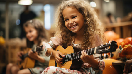 Cute little girl playing ukulele in halloweenの素材