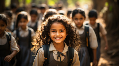 Portrait of smiling schoolgirl with classmates in background at school yardの素材