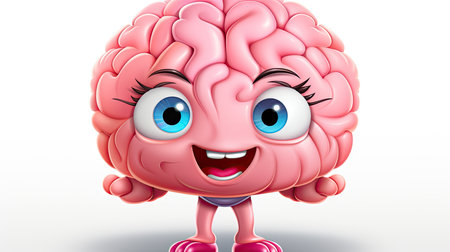 3d rendered illustration of brain cartoon character with white background.の素材