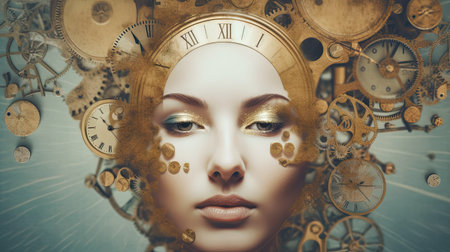 Beautiful woman face with clock face. Time management concept. 3D Renderingの素材
