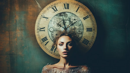 Beautiful young woman with long curly hair and evening make-up posing in front of old clock.の素材