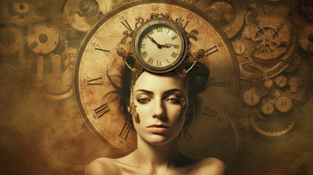 Portrait of beautiful young woman with vintage clock. Time concept.の素材