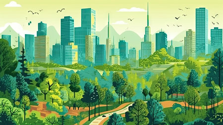 City landscape with green trees, road and skyscrapers, vector illustrationの素材