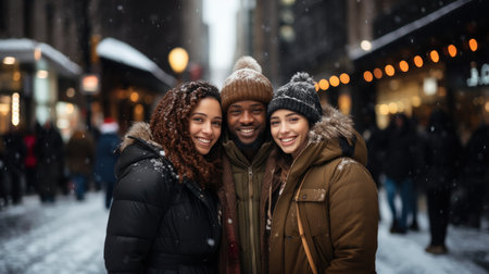 people, friendship, christmas and holidays concept - group of smiling friends in winter clothes over snowy streetの素材