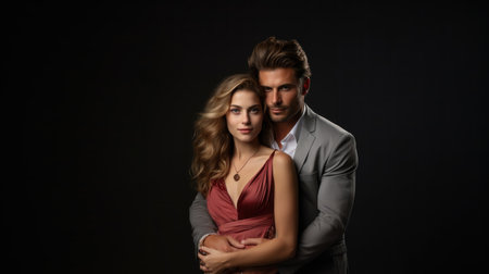 Beautiful young couple in love posing in studio on black background.の素材