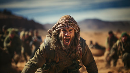 Surprised soldier screaming in the desert. War in Ukraine.の素材