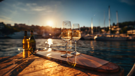 Two glasses of champagne on the background of the sea and the sunset.の素材