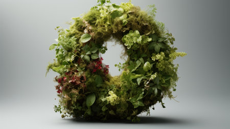Decorative wreath made of green moss and plants on gray backgroundの素材