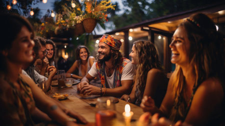 Group of friends having a barbecue party on a rooftop - People having fun togetherの素材