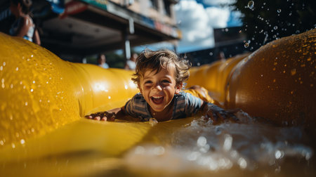 Portrait of a cute little boy having fun on an inflatable water slide in the park.の素材