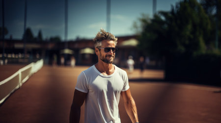 Portrait of a handsome young man wearing sunglasses and a white T-shirt standing on the streetの素材