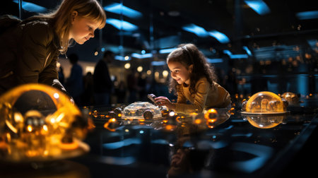 Little girl and her mother playing with light bulbs in a museum.の素材