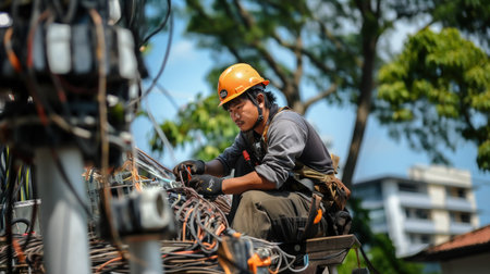 Technician working on electric cable in the city. Electrician working on electrical cable.の素材